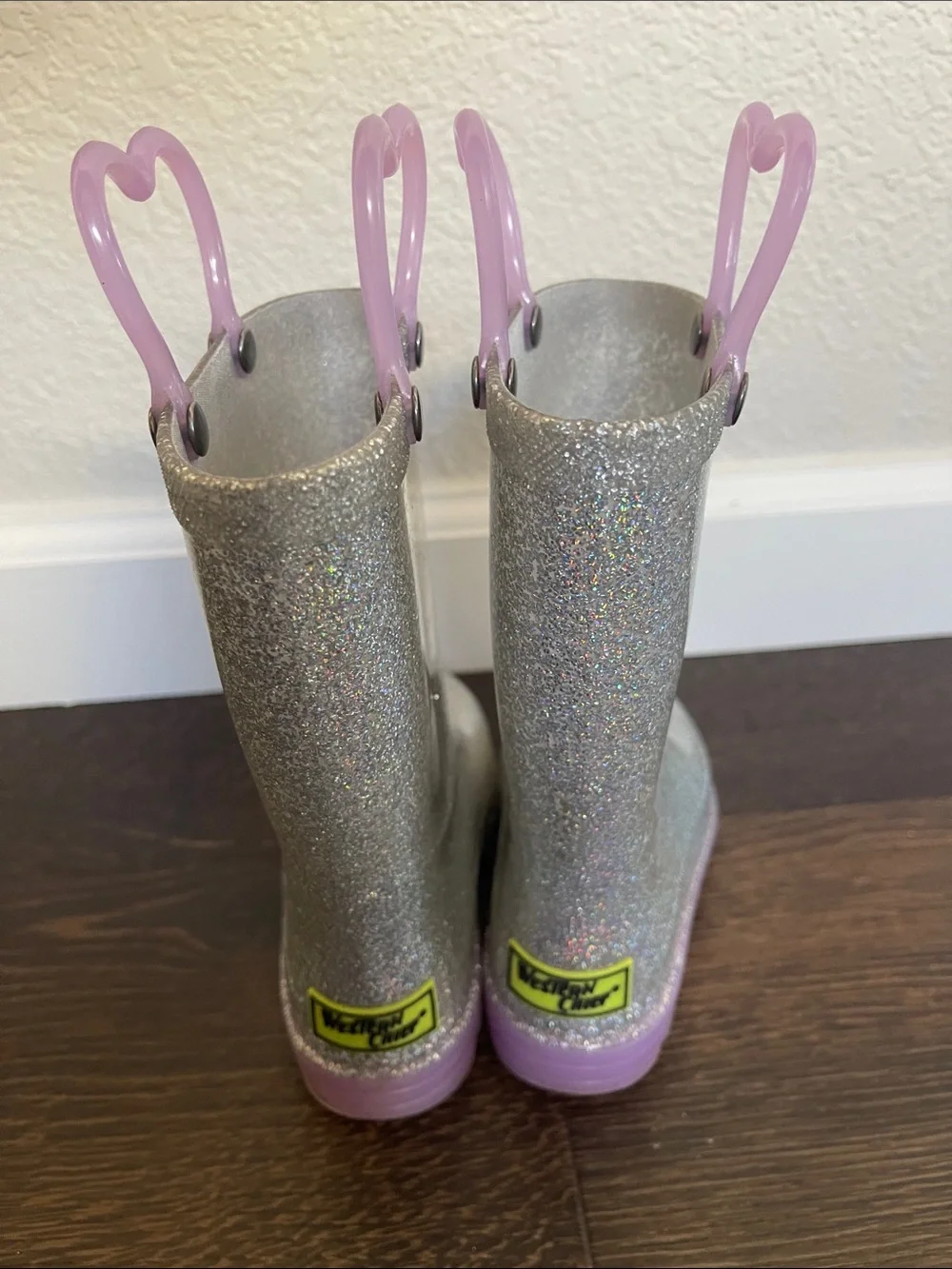Western Chief Silver Glitter Kids Rain Boots with Pink Pull Tabs size 9 toddler